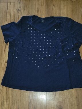 Catherines Navy V-Neck Short Sleeve Tee with Silver Stud Detail